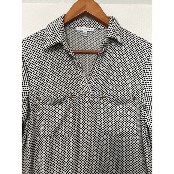 Notations Blouse Black White Geometric Print Button Front Roll Tab Sleeve Medium - Picture 2 of 10